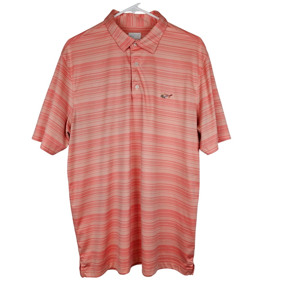 Greg Norman Play Dry Mens XL Striped Golf Polo Shirt Coral Pink Shark Logo
